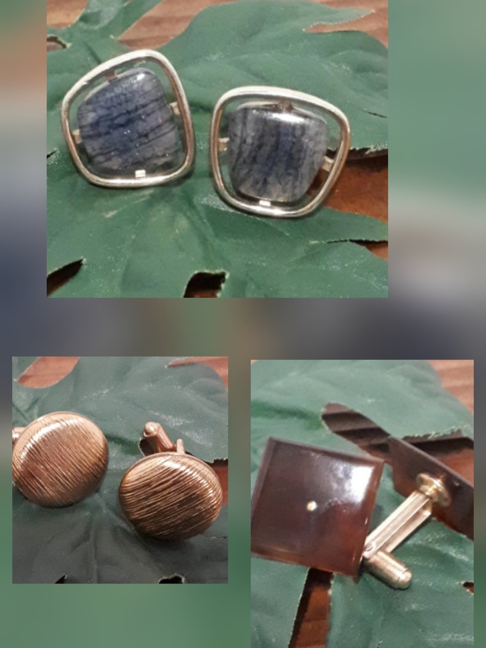 Vintage Cufflinks Set - Blue Stone and Brushed Bronze Designs